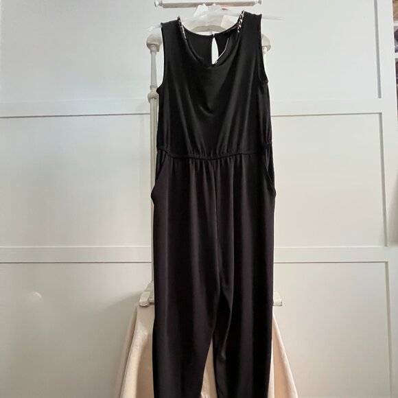 BNWT BOLD ELEMENTS black jumpsuit gold chain neckline (L) POCKETS - Picture 2 of 8